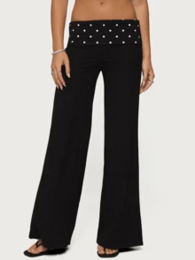 Women Fold Over Yoga Pants Low Rise Solid Color Stretch Casual Straight Wide Leg Palazzo Pants Loose Fit Comfy Flared Leggings Gym Lounge Pants Bootcut Bell Bottoms Baggy Sweatpants Teen Girl Back To School Bottoms Y2k Streetwear - Chấm bi đen - Xem 1