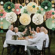 14件套波西米亚风纸灯笼和绒球装饰套装，鼠尾草绿和浅粉色，适用于婚礼、新娘送礼会、生日派对、圣诞节、复活节、圣帕特里克节、情人节 - 彩色 - 查看 5