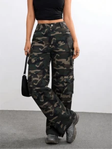 Women's Camo Print Wide-Leg Cargo Pants: Multi-Pocket Detail Piece For Edgy Streetwear Styling - xanh quân đội - Xem 6