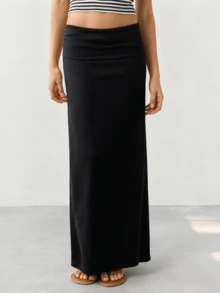 Women Long Straight Skirt Simple Solid Foldover Low Rise Casual Bodycon Skirt For Daily Office Party - màu đen - Xem 1