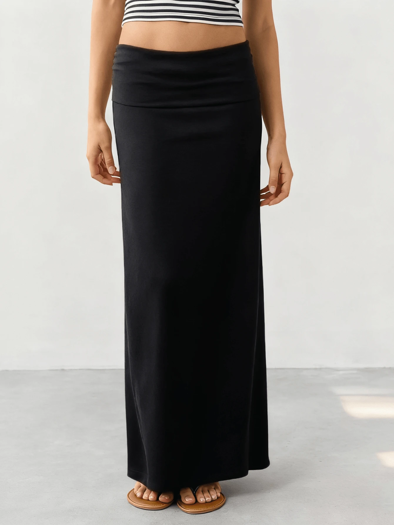 Women Long Straight Skirt Simple Solid Foldover Low Rise Casual Bodycon Skirt For Daily Office Party - màu đen - Xem 1