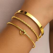 Set Of 3 Women's Bracelets, Plated In 925 Silver Or 18K Gold: Bracelet With Heart Knot + Sparkly Bracelet + Twisted Rope Bracelet - 金色 - 查看 2
