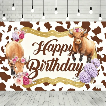 Floral Vintage Countryside Cow Print Birthday Backdrop, Cute Floral Calf Party Photo Booth Decoration Banner