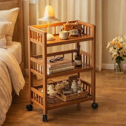 3-Tier Bamboo Rolling Storage Cart With Wheels – Mobile Kitchen & Coffee Bar Cart – Utility Trolley Organizer For Kitchen, Living Room, Bathroom & Bedroom Bamboo Design (50 X 30 X 82 Cm)