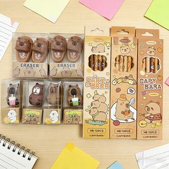 1 Set de artículos de papelería con lápiz, sacapuntas, goma de borrar y otros accesorios con diseño de capibara de dibujos animados. Incluye un set de papelería con lápiz, goma de borrar y otros artículos de regalo para fiestas con diseños de animales lindos y formas, colores y patrones seleccionados al azar.