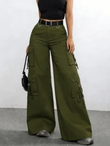 Women's Olive Green High Waist Cargo Pants, Multi Pockets With Belted Waist, Wide Leg Utility Trousers For Streetwear & Casual Outfits - 軍綠色 - 查看 5