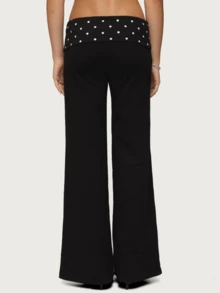 Women Fold Over Yoga Pants Low Rise Solid Color Stretch Casual Straight Wide Leg Palazzo Pants Loose Fit Comfy Flared Leggings Gym Lounge Pants Bootcut Bell Bottoms Baggy Sweatpants Teen Girl Back To School Bottoms Y2k Streetwear - Chấm bi đen - Xem 2