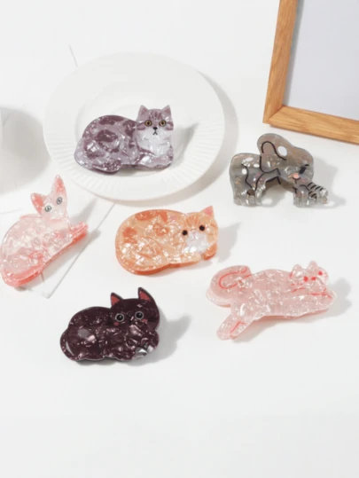 1pc Cute Cat Design Hair Clip, Cartoon Shark Claw Clamp Hairpin