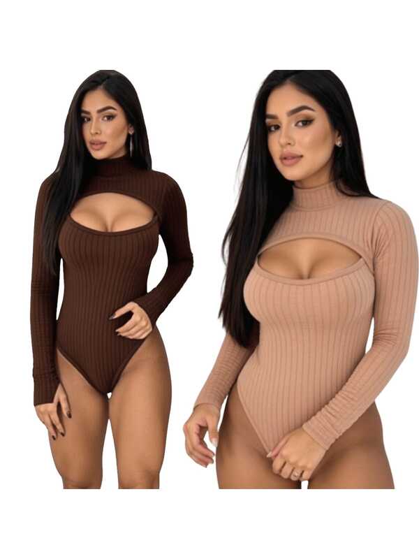 kit 2 Body Feminino Manga Longa Bubble Gola Alta Com Decote Outono Inverno Frio Moda Premium