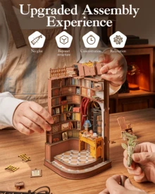 Robotime Rolife Reading Corner With Bookends – 3D Miniature Model Made Of Wood, Library Scene With LED Lighting, Foldable Bookends, Retro Desk Decoration, Suitable For Bookshelves - màu nâu - Xem 9