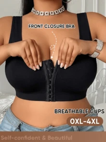 Plus Size Front Closure Solid Color Bra, Suitable For Daily Wear