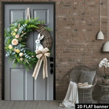 2D Door Banner, Easter Bunny Spring Wreath Door Banner - Floral Design With Plush White Rabbit And Golden Bow, Polyester, Easy To Hang, Includes Gift Box, Ideal For Seasonal Home Entryway Decor - Multicolor - View 5