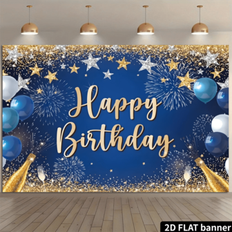 Pancarta plana 2D - Decoración de cumpleaños en azul marino, dorado y blanco, con patrones de estrellas y fuegos artificiales, así como "Feliz cumpleaños"