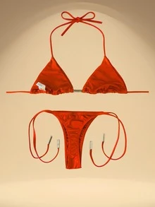 Bikini Set With Thong Bottom With Tie-Side Details And Triangle Top With Tips, Detail Between The Bust And Opening For Removable Padding, Made Of Polyester Microfiber - Spring/Summer - 熱帶紅 - 查看 4