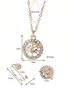 1条手链、1枚戒指、1条项链，锌合金透明水晶生命之树首饰套装，可爱饰品，适合女孩日常休闲佩戴 - 金色 - 查看 3