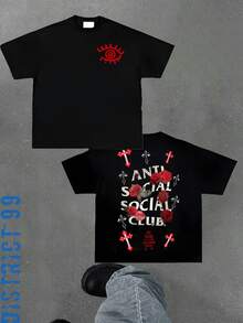 Anti Social Club Graphic Cropped T-Shirt For Boys And Girls Men, Women All Ages Family T-Shirt Letter New Streetwear Clothing Harajuku T-Shirt Cotton Half Sleeve Tee, Y2K Style Casual Cotton Classic Crewneck Design Tee - 黑色 - 查看 1