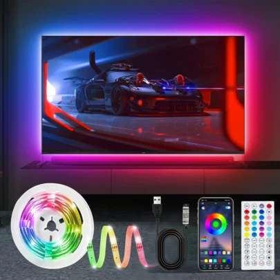 TK99SW Tira de luces LED, modelo 5050RGB alimentada por USB con control remoto IR de 44 teclas y control de aplicación inteligente Bluetooth, con micrófono integrado sensible para sincronizar con música y modos de color, ajustable, autoadhesiva, con múltiples opciones de tamaño para TV, pantalla de computadora, ambiente festivo, decoración del hogar