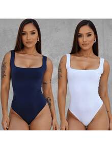 SET OF 2 Women's Square Neck Tank Top Bodysuits With Thin Straps In Spandex - WHITE NAVY BLUE - View 1