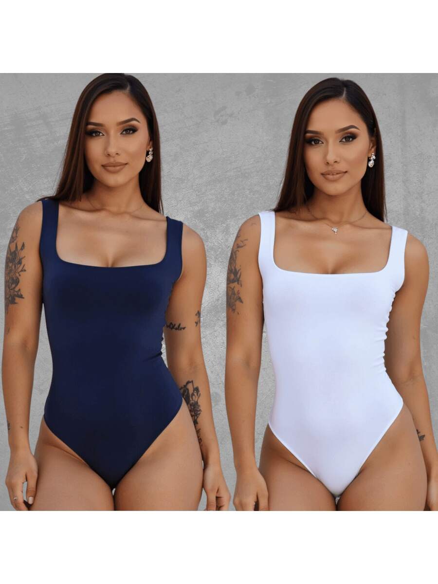 SET OF 2 Women's Square Neck Tank Top Bodysuits With Thin Straps In Spandex - WHITE NAVY BLUE - View 1