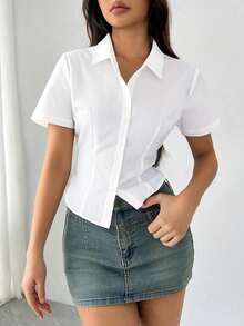 女士纯色纽扣前襟收腰优雅商务休闲短袖衬衫，适合夏季办公室通勤 - 白色 - 查看 5