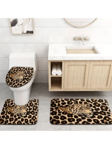 3件套时尚简约豹纹浴室地垫套装，包括吧台凳套和U型脚垫 - 彩色 - 查看 7