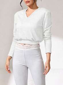 女士V领柔软竖条纹弹力针织修身上衣，适合户外休闲、徒步旅行、日常通勤，短袖套头毛衣