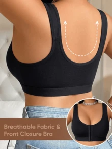 Plus Size Front Closure Solid Color Bra, Suitable For Daily Wear