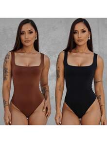 KIT 2 Body Feminino Decote Quadrado regata alça fina Suplex - PRETO MARROM - Visão 1