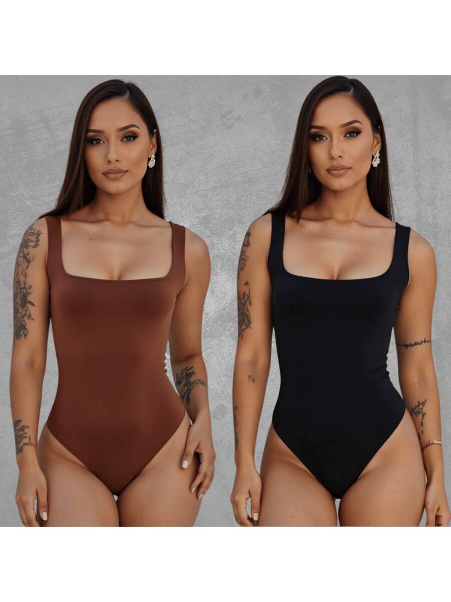 KIT 2 Body Feminino Decote Quadrado regata alça fina Suplex - PRETO MARROM - Visão 1