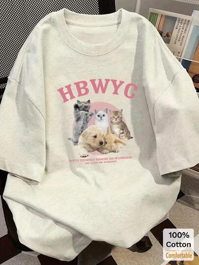 Cartoon Pattern Short Sleeve Mid-Length Cotton T-Shirt, Fashionable Casual Top For Women