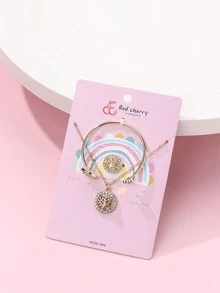 1条手链、1枚戒指、1条项链，锌合金透明水晶生命之树首饰套装，可爱饰品，适合女孩日常休闲佩戴 - 金色 - 查看 4