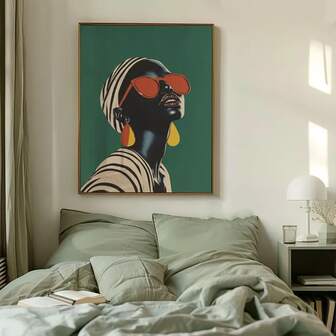 单幅肖像艺术画，翠绿色帆布印刷品，非洲风情墙面装饰，卧室、客厅时尚海报 | 无框