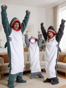 Cartoon Shark Sleeping Bag, Shark Hooded Blanket, New Cartoon Animal Cute Funny Sleeping Bag, Animal Pajamas, Flannel Sleepwear, Modern Style, Soft Polyester Fabric, Loungewear, Home Decor, Towel Theme, Knitted Fabric, 250g/㎡ - Multicolor - View 6