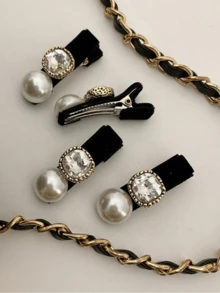 4/2/1pc Faux Pearl Square Rhinestone Sweet Cute Hair Clips, Bangs Hair Clips, Side Hair Clips, Women Hair Accessories - Multicolor - View 6