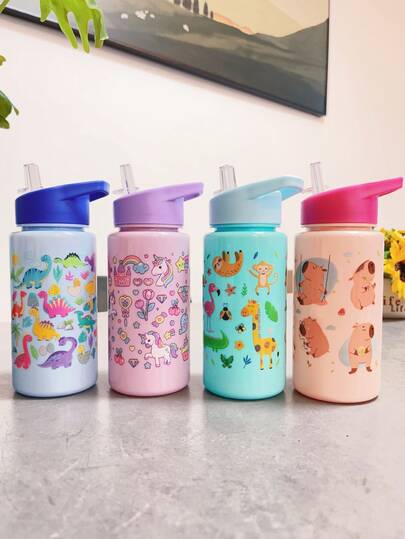 1 pieza Botella de agua de 500ml con diseño lindo de dinosaurio y unicornio, vaso con pajita, mejor regalo para niñas y niños, adecuado para uso al aire libre, escuela, deportes, graduación, portátil