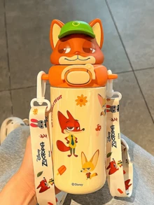 Nick Wilde "Hide And Seek" Cute Insulated Water Bottle (480ml), With Green Cap, SUS316 Stainless Steel Inner Lining, Leak-Proof Design, 2 Drinking Modes (Straw + Open Mouth), Adjustable Strap, Portable Handle, Keeps Warm/Cold For Hours, Durable Material, Adorable Fox Cartoon Style, Ideal For School, Travel, Outdoor Hydration, Also A Great Birthday Collection Gift - Nick 480ml - View 9