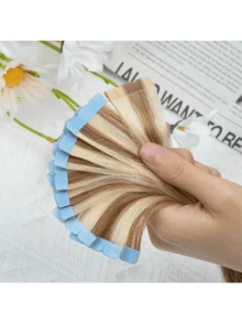 10pcs/Pack Mini Tape-In Hair Extensions, Real Human Hair, Highlighted Blonde, Invisible Skin Weft, Non-Remy, Tape-In Hair Extensions - S6/613 - View 12