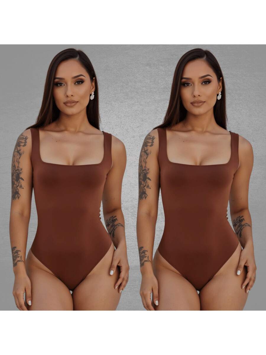 SET OF 2 Women's Square Neck Tank Top Bodysuits With Thin Straps In Spandex - BROWN BROWN - View 1