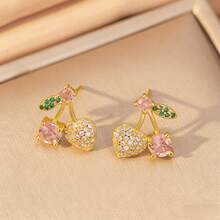 1 Set de Collar y Aretes de Acero Inoxidable Rosa Cerezo, Joyería de Lujo Personalizada con Micro Incrustaciones para Regalo de Banquete - Cereza dorada - Ver 4