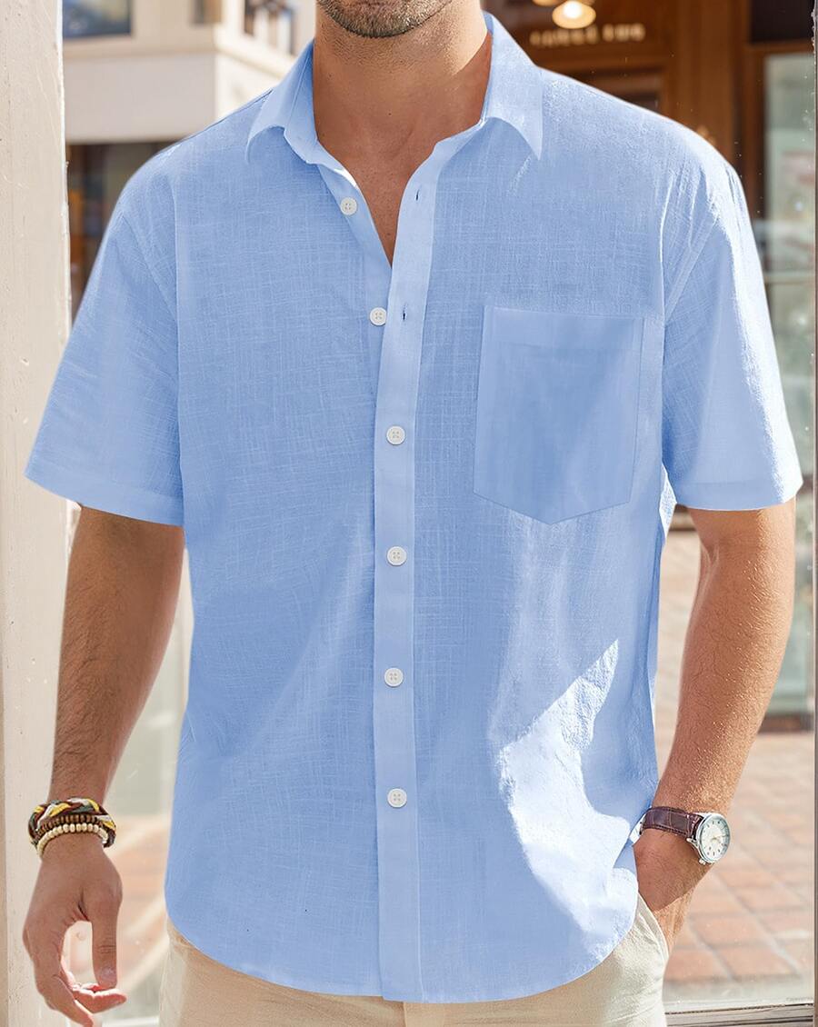 Men's Cotton And Linen Button Up Shirt Men Short Sleeve Button Down Casual Vacation Beach Summer Tops - 淺藍色 - 查看 1