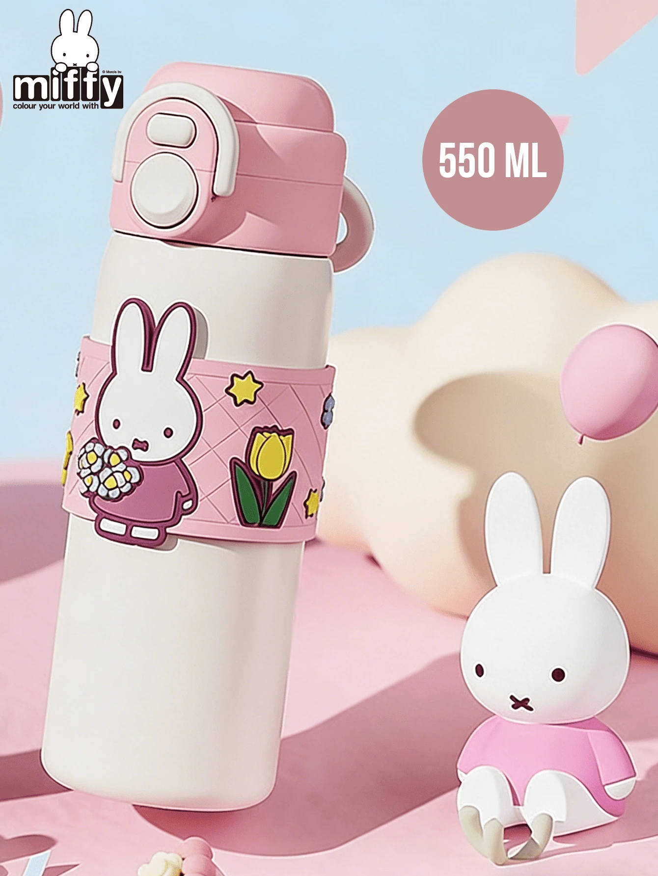 550毫升白色杯身，粉色杯盖/硅胶套，可爱卡通印花，SUS316不锈钢内胆，柔软硅胶套，双饮口设计，舒适便携提手，真空保温，适合日常使用、旅行、户外野餐、办公、休闲等场合，尤其适合卡通爱好者、年轻女性、学生、上班族，也是送给朋友/爱人的绝佳礼物，以及独特的生日/节日礼物。