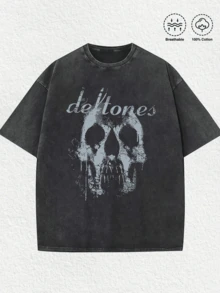 Plus Size Men Rock N Roll Music T-Shirt,Skull And 'defton Es' Band Tribute Printed Casual Soft Short Sleeve Pure Cotton 220gsm Tees - 黑色 - 查看 1