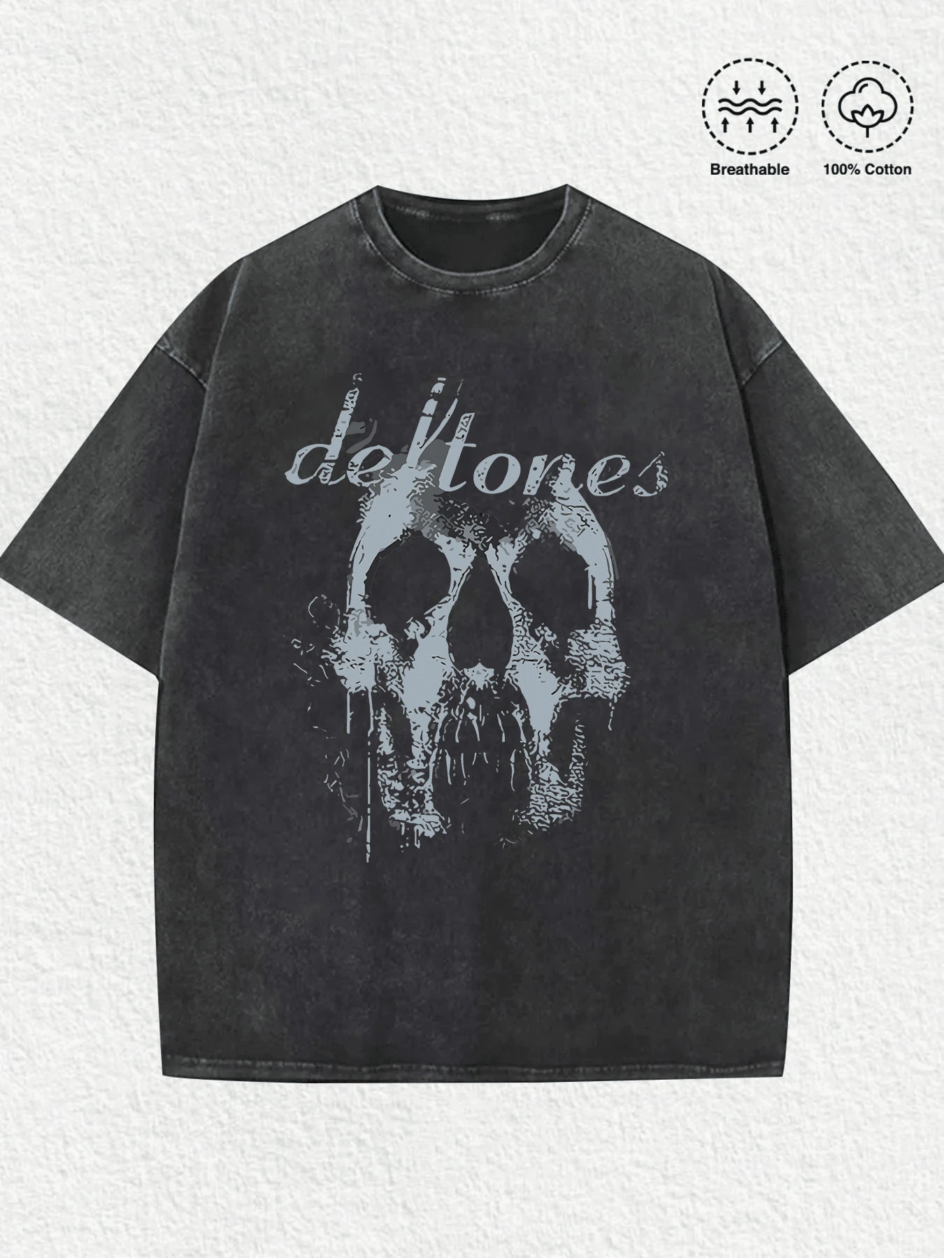 Plus Size Men Rock N Roll Music T-Shirt,Skull And 'defton Es' Band Tribute Printed Casual Soft Short Sleeve Pure Cotton 220gsm Tees - 黑色 - 查看 1