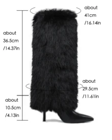 Furry Fluffy Knee High Boots For Women Faux Fur Winter Snow Boots Pointed Toe Stiletto High Heels Sexy Warm Shoes Christmas Party - Đen A - Xem 6