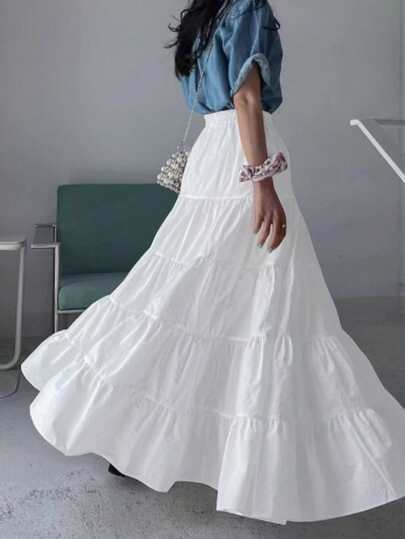 EARO Dam Enfärgad Minimalistisk Casual Pendling Mångsidig Flerlagers Utsvängd Vävd Elastisk Midja Hög Midja Över Knä Lång Kjol, Höst/Vinter Semesterdesign, Lyxig