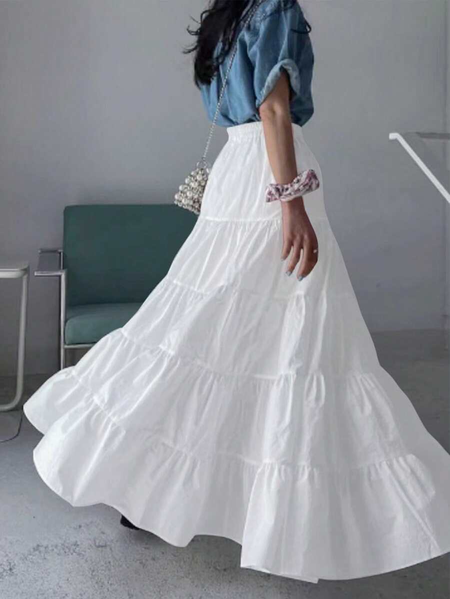 EARO 女款纯色简约休闲通勤百搭多层喇叭编织松紧腰高腰过膝长裙，秋冬假期设计，高端 - 白色 - 查看 1