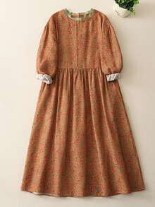 Spring & Autumn New Women's Artistic Fresh Floral Lace Collar 3/4 Sleeve Dress, Loose Floral Dress With Contrast Lace Collar Design - Mocha Brown - View 5