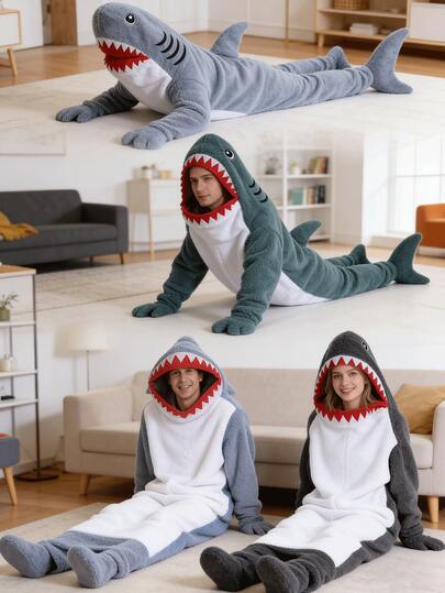 Cartoon Shark Sleeping Bag, Shark Hooded Blanket, New Cartoon Animal Cute Funny Sleeping Bag, Animal Pajamas, Flannel Sleepwear, Modern Style, Soft Polyester Fabric, Loungewear, Home Decor, Towel Theme, Knitted Fabric, 250g/㎡