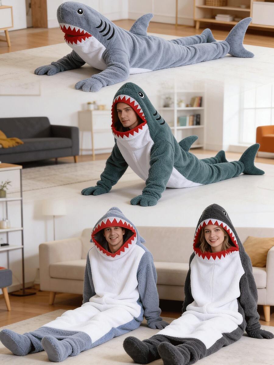 Cartoon Shark Sleeping Bag, Shark Hooded Blanket, New Cartoon Animal Cute Funny Sleeping Bag, Animal Pajamas, Flannel Sleepwear, Modern Style, Soft Polyester Fabric, Loungewear, Home Decor, Towel Theme, Knitted Fabric, 250g/㎡ - Multicolor - View 1