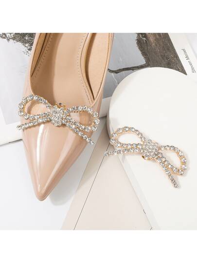 2pcs Detachable DIY Shoe Accessories, White, Gold, Black Crystal Pearl Bow Metallic Buckle Decorations, Fashion Elegant Shoe Clips, Suitable For High Heels, Shoes, Bags, Black, White, Red